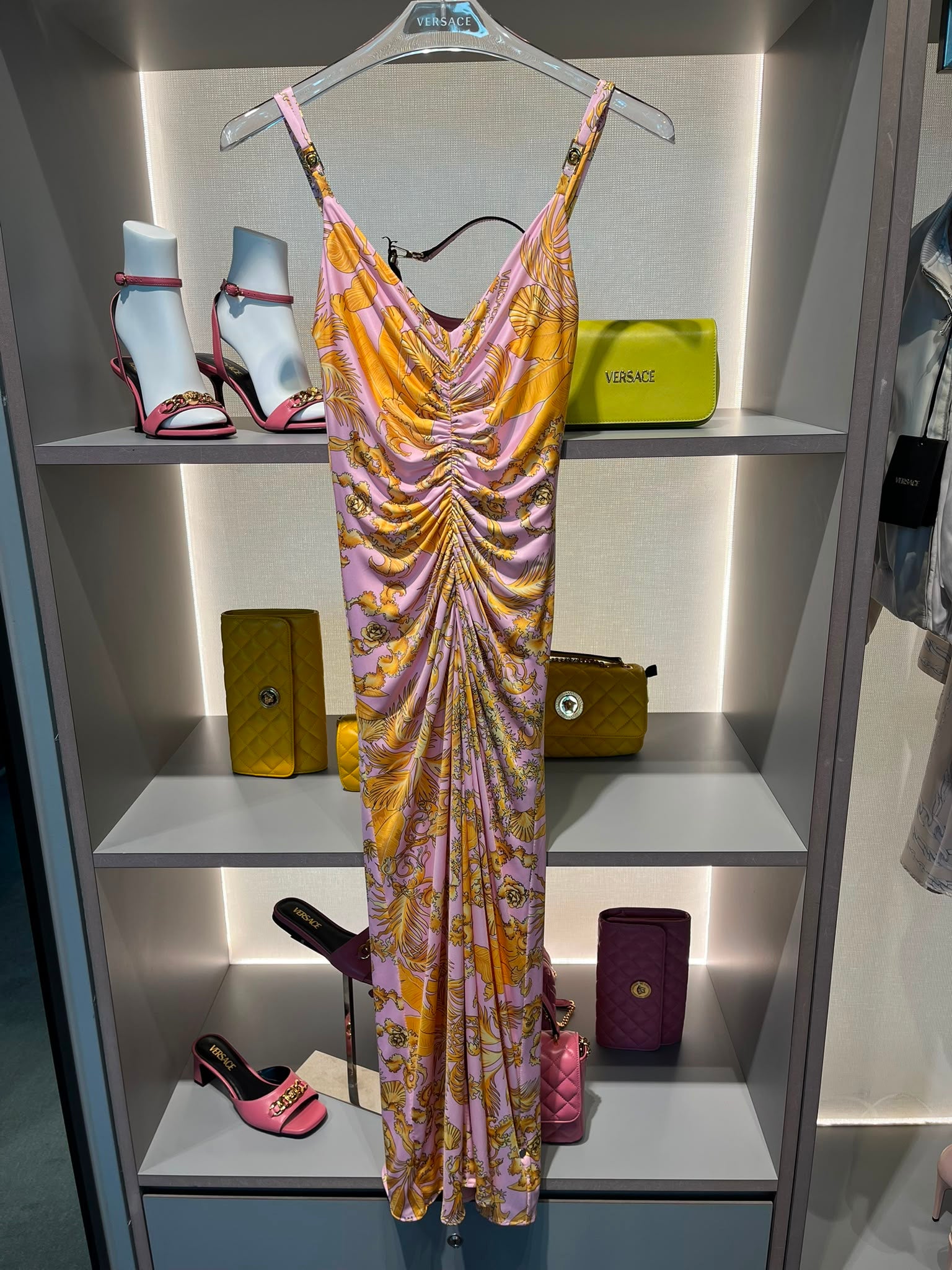 Barocco Goddess Print Ruched Maxi Dress