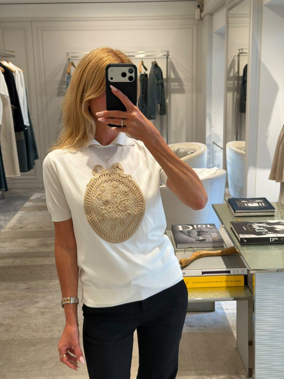 Short-Sleeved Sweater with Macramé Motif