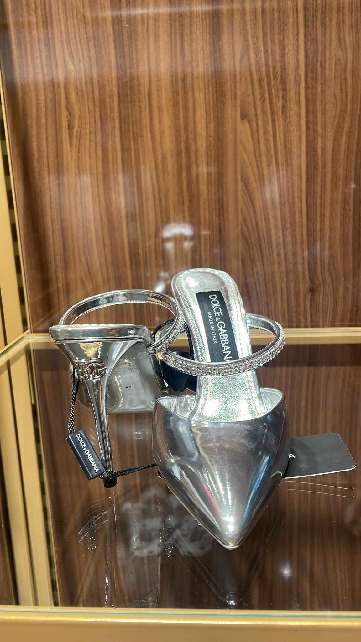 Metallic Leather Mules with Rhinestone Strap