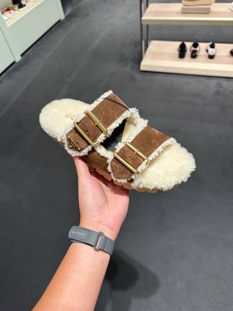 Shearling-lined suede slides