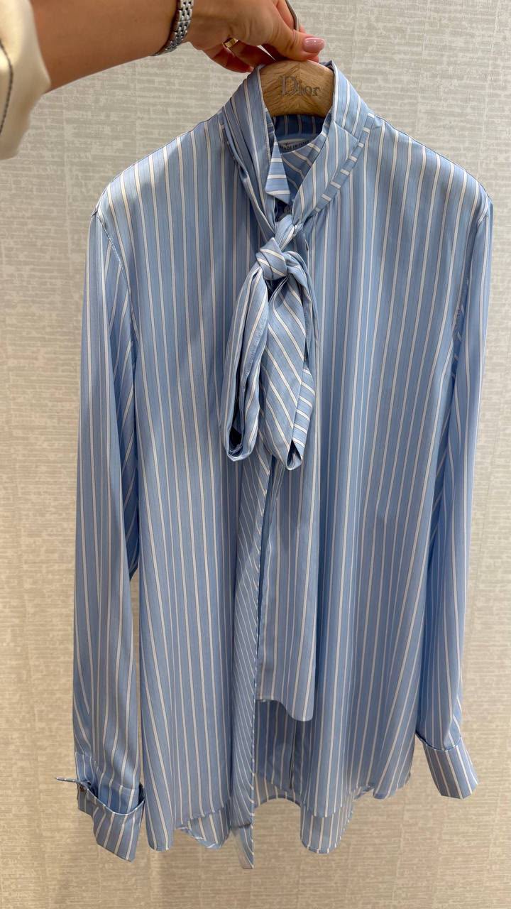 Pussy-bow striped silk shirt