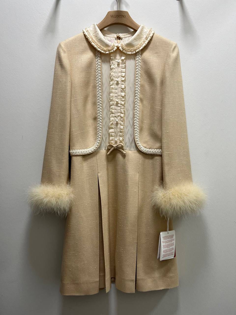 Wool and Silk Blend Coat with Feather Cuffs