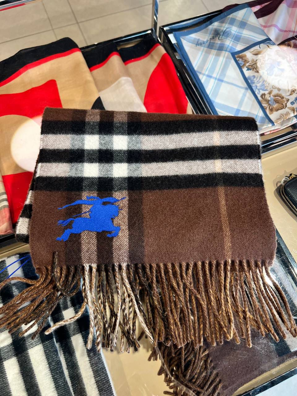 Check Cashmere Scarf with Embroidered Equestrian Knight Design