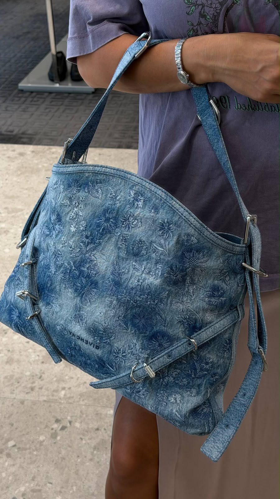 Voyou Medium Bag in Denim with Floral Embroidery