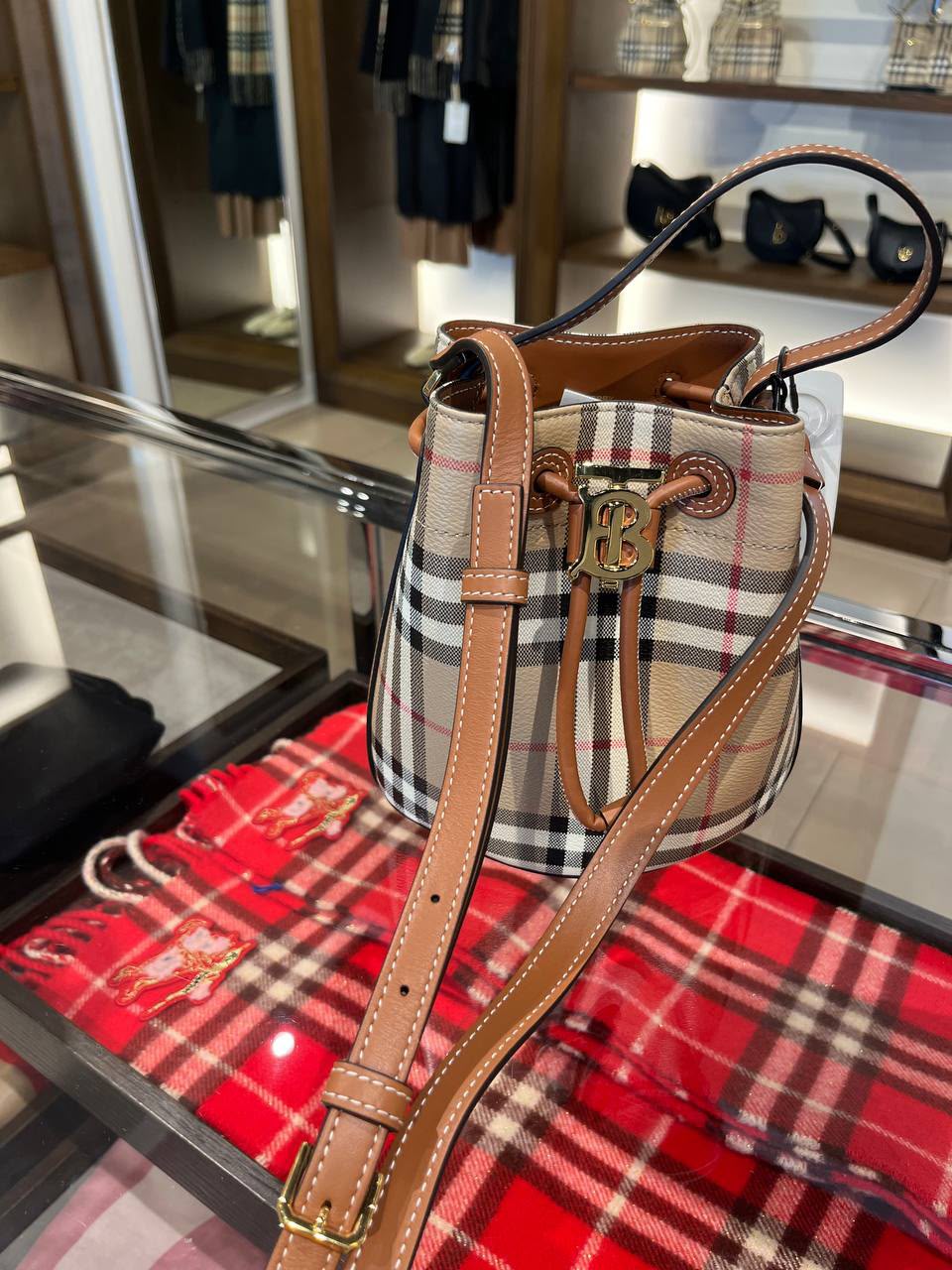 Small Check Canvas and Leather Bucket Bag