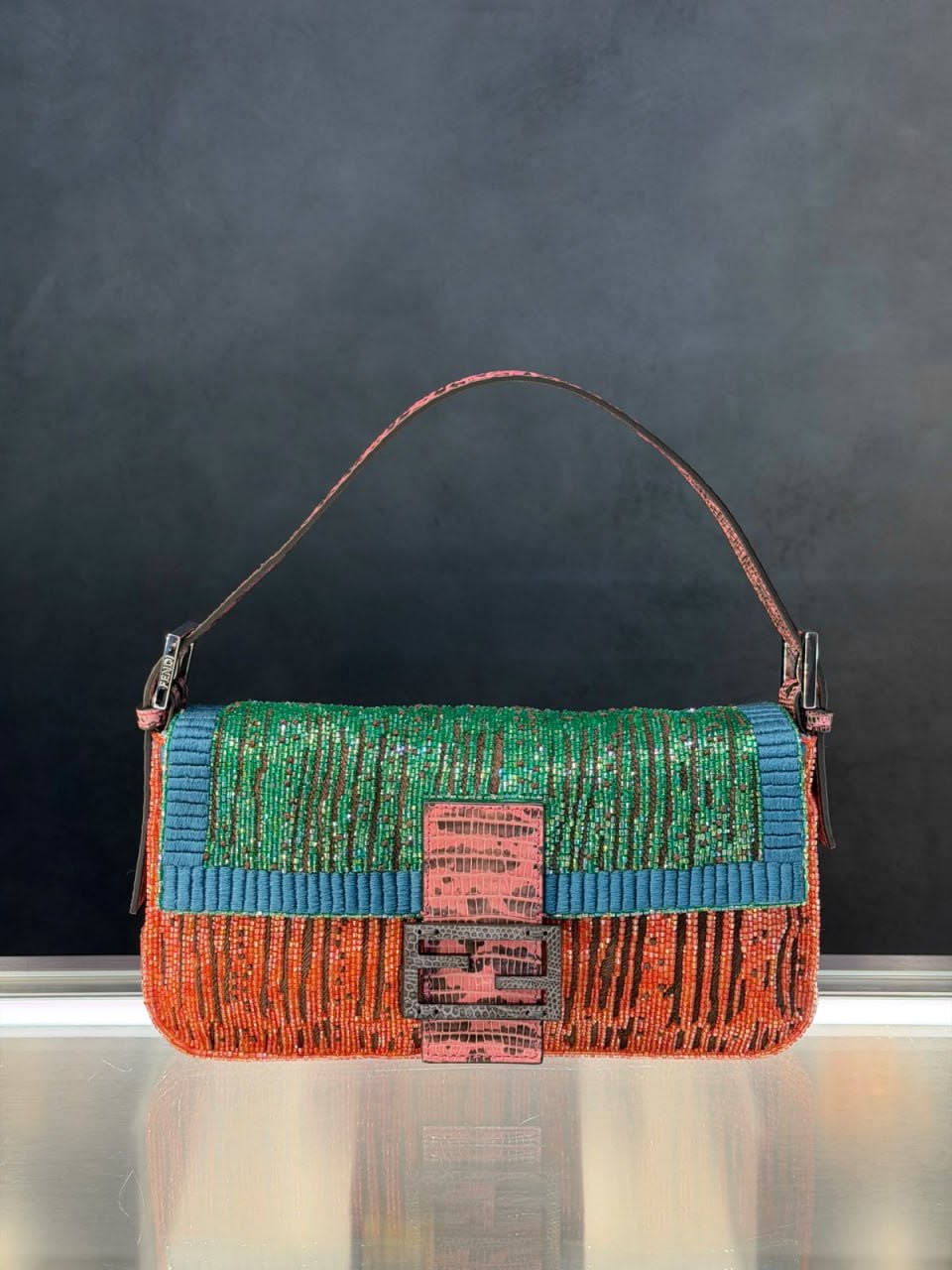 Baguette Beaded Lizard-Trimmed Shoulder Bag