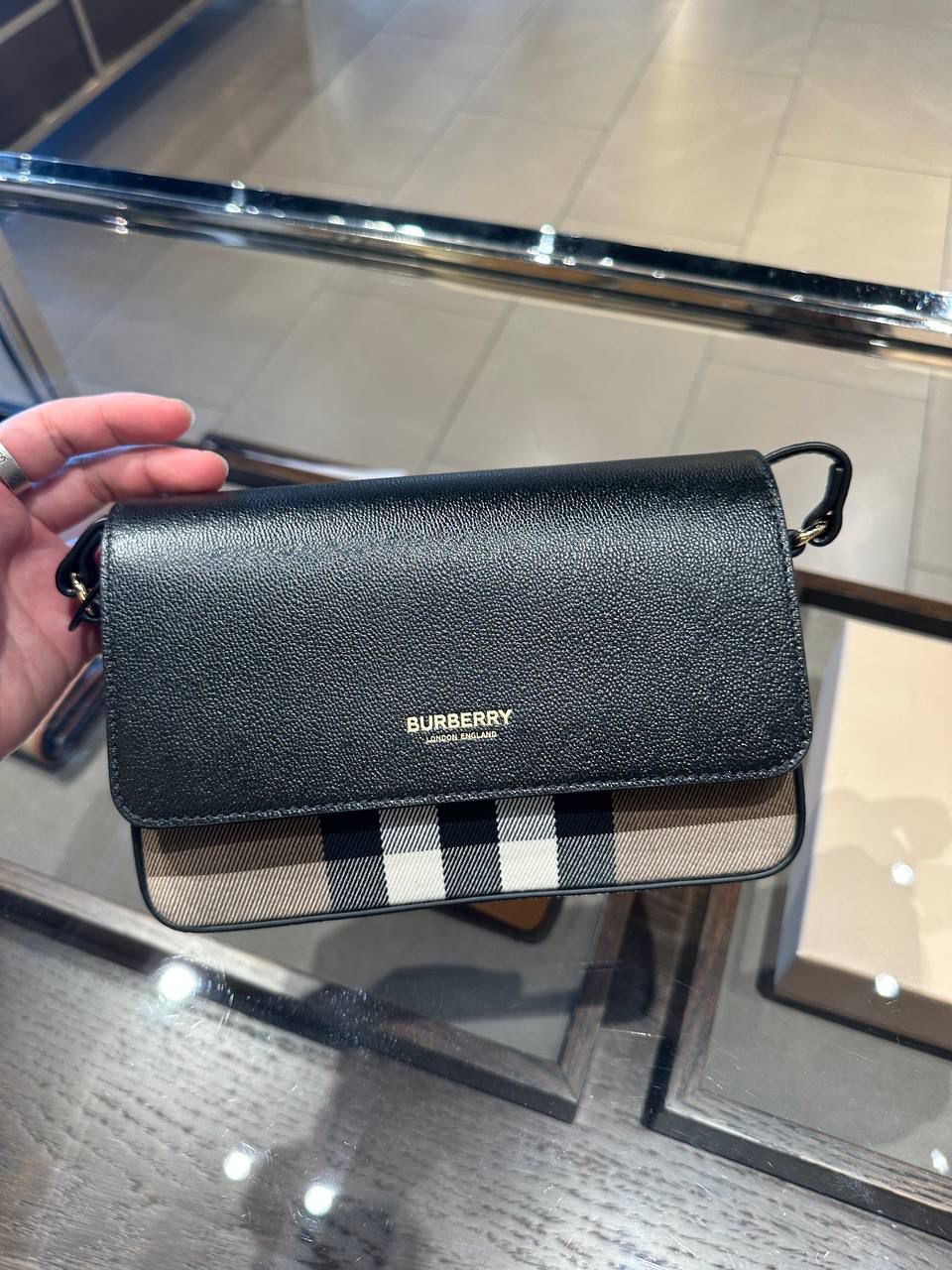 Check and Leather Crossbody Bag
