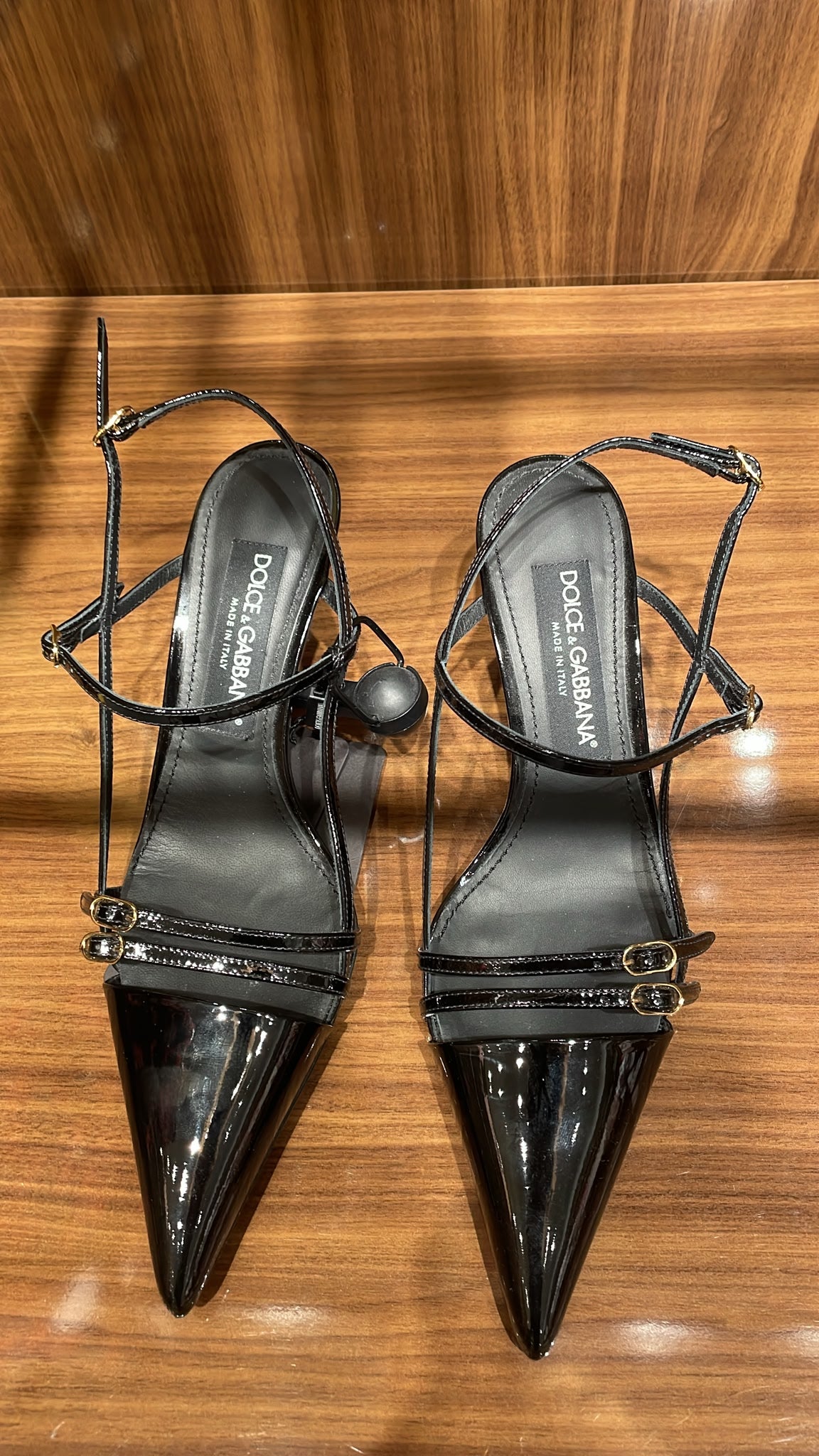 Patent Leather Slingback Pumps with Buckle Details