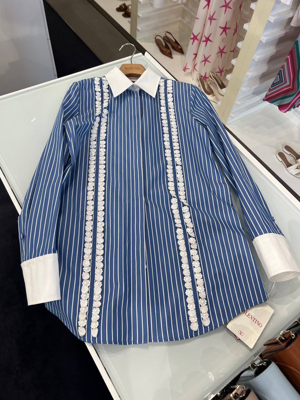Striped Cotton Poplin Shirt with Lace Insertions