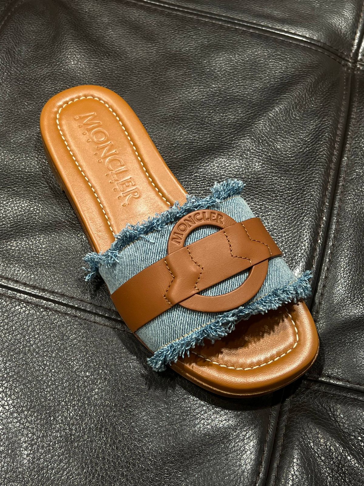 Moncler Pady Denim and Leather Slides