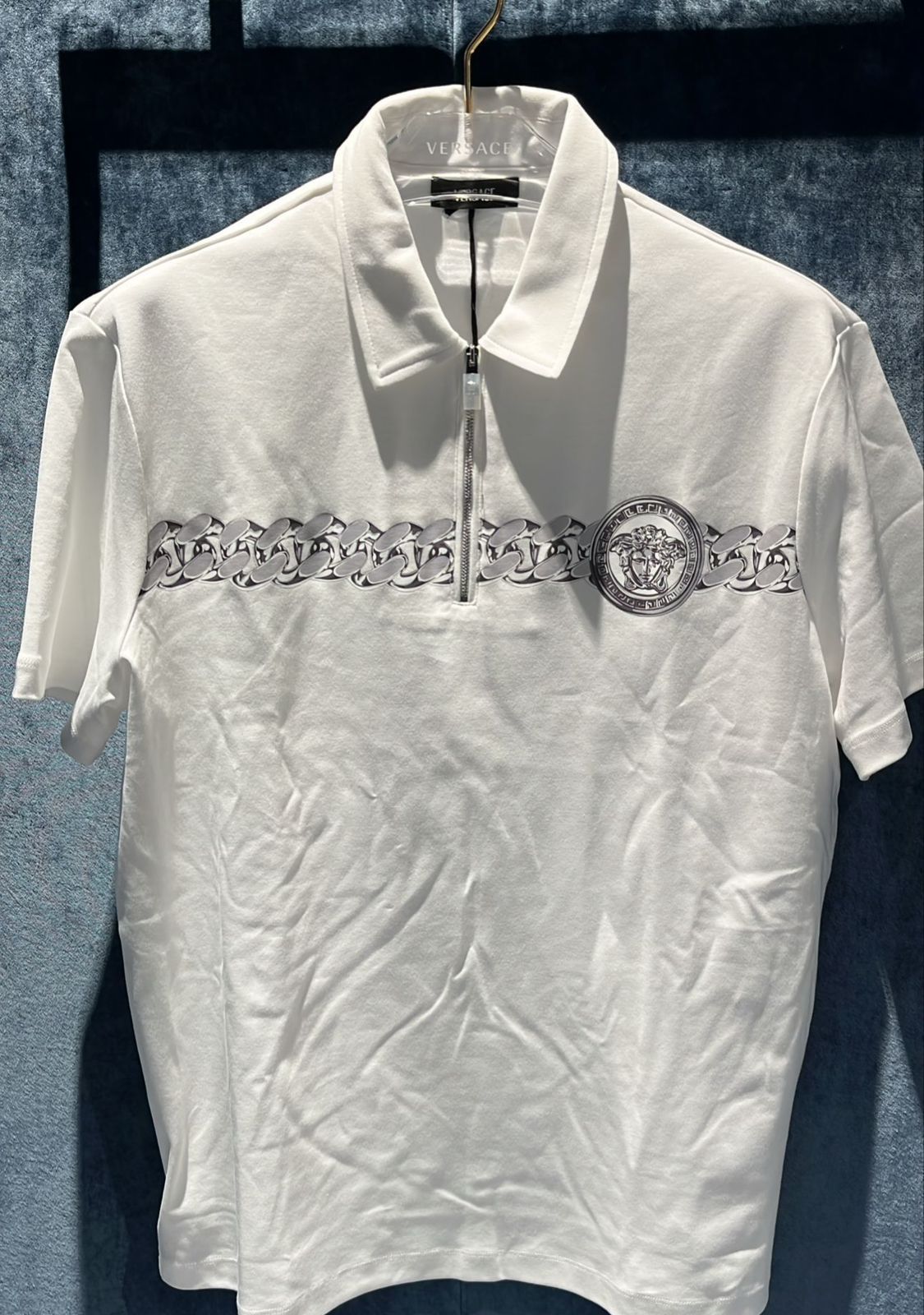 Medusa Chain Print Zip-Up Polo Shirt