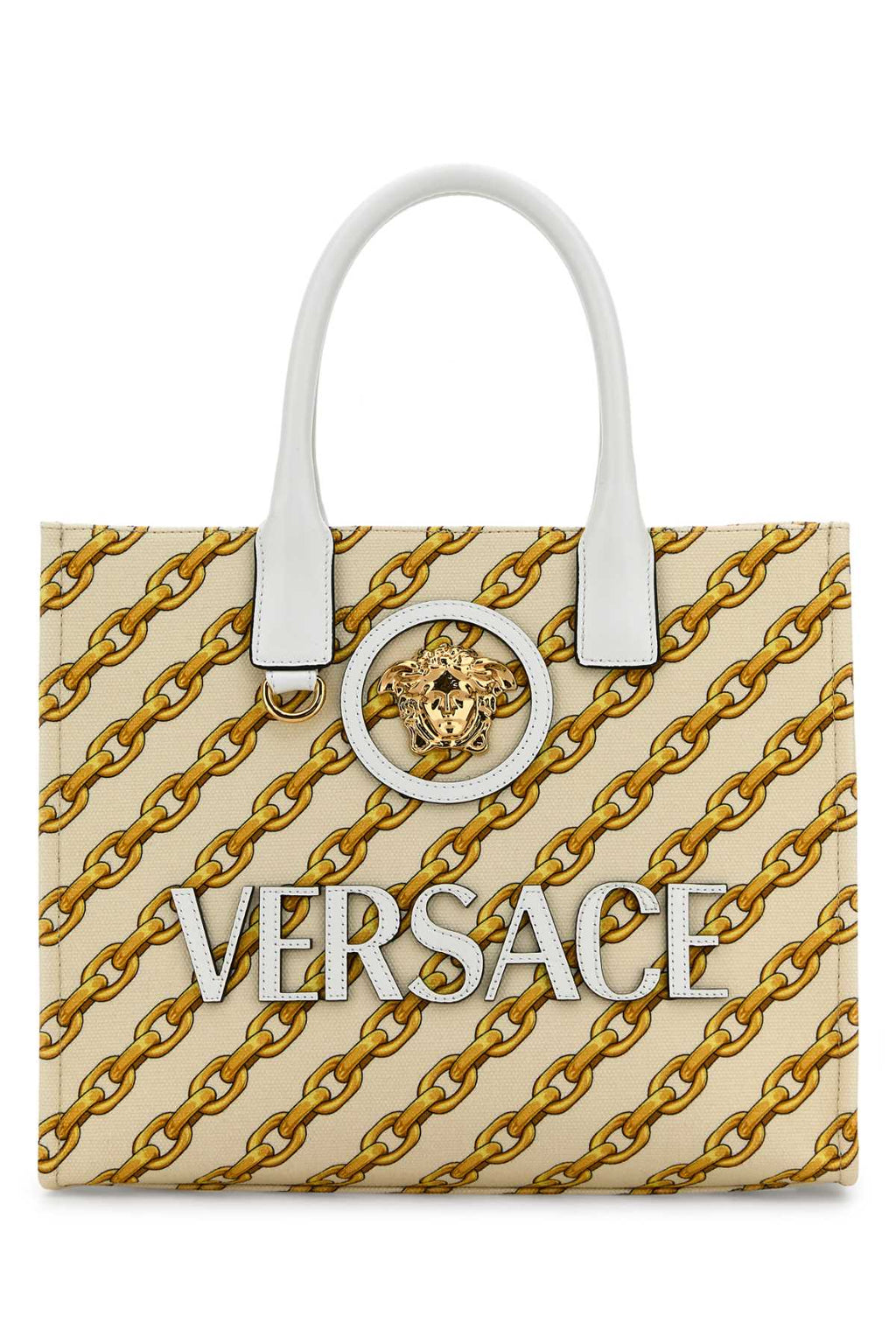 VERSACE SMALL TOTE FABRIC+CALF LEATHER For Women Exterior: 100% Cotton Lining: 100% Cotton Finishing: Golden metal