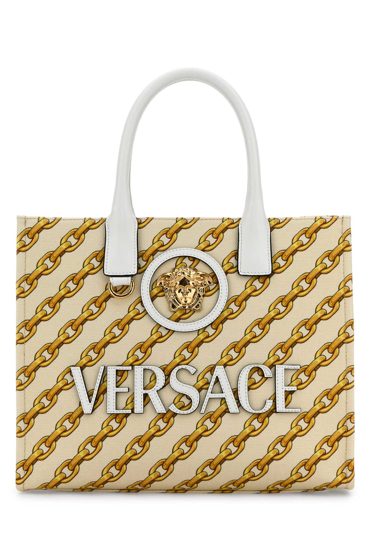VERSACE SMALL TOTE FABRIC+CALF LEATHER For Women Exterior: 100% Cotton Lining: 100% Cotton Finishing: Golden metal