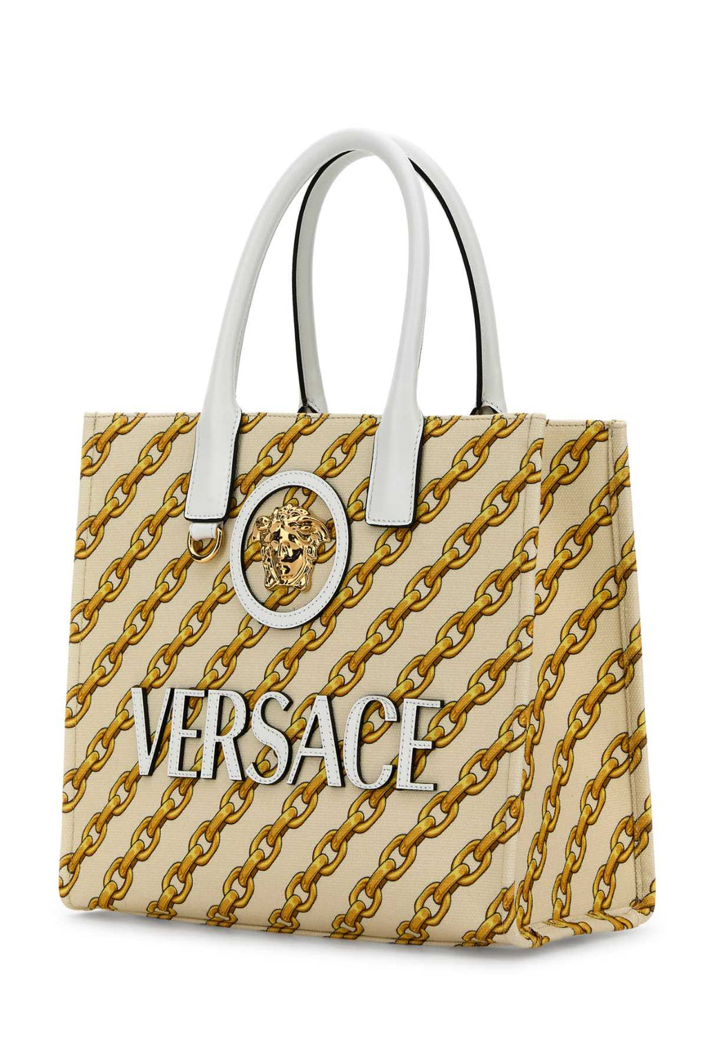VERSACE SMALL TOTE FABRIC+CALF LEATHER For Women Exterior: 100% Cotton Lining: 100% Cotton Finishing: Golden metal