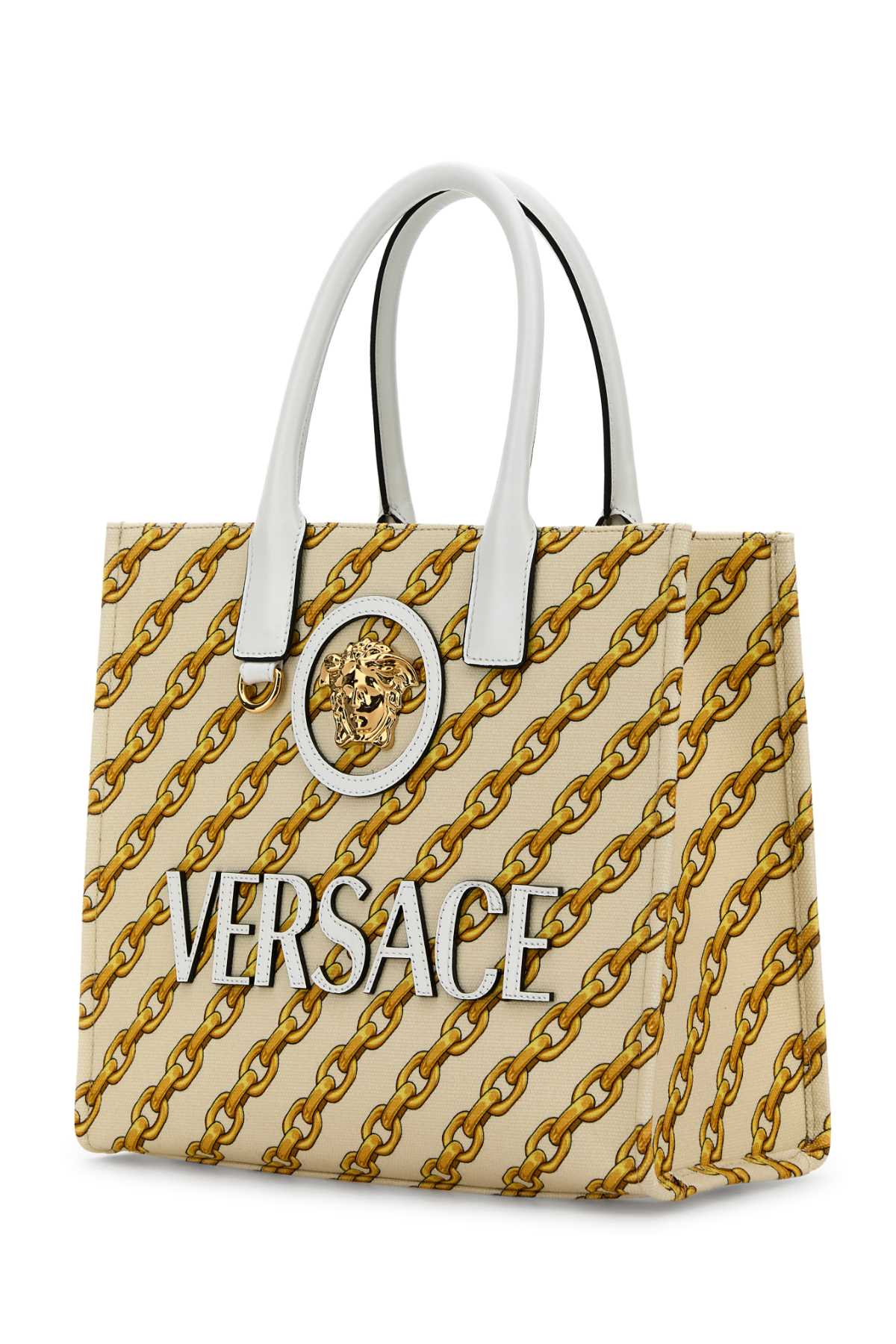 VERSACE SMALL TOTE FABRIC+CALF LEATHER For Women Exterior: 100% Cotton Lining: 100% Cotton Finishing: Golden metal