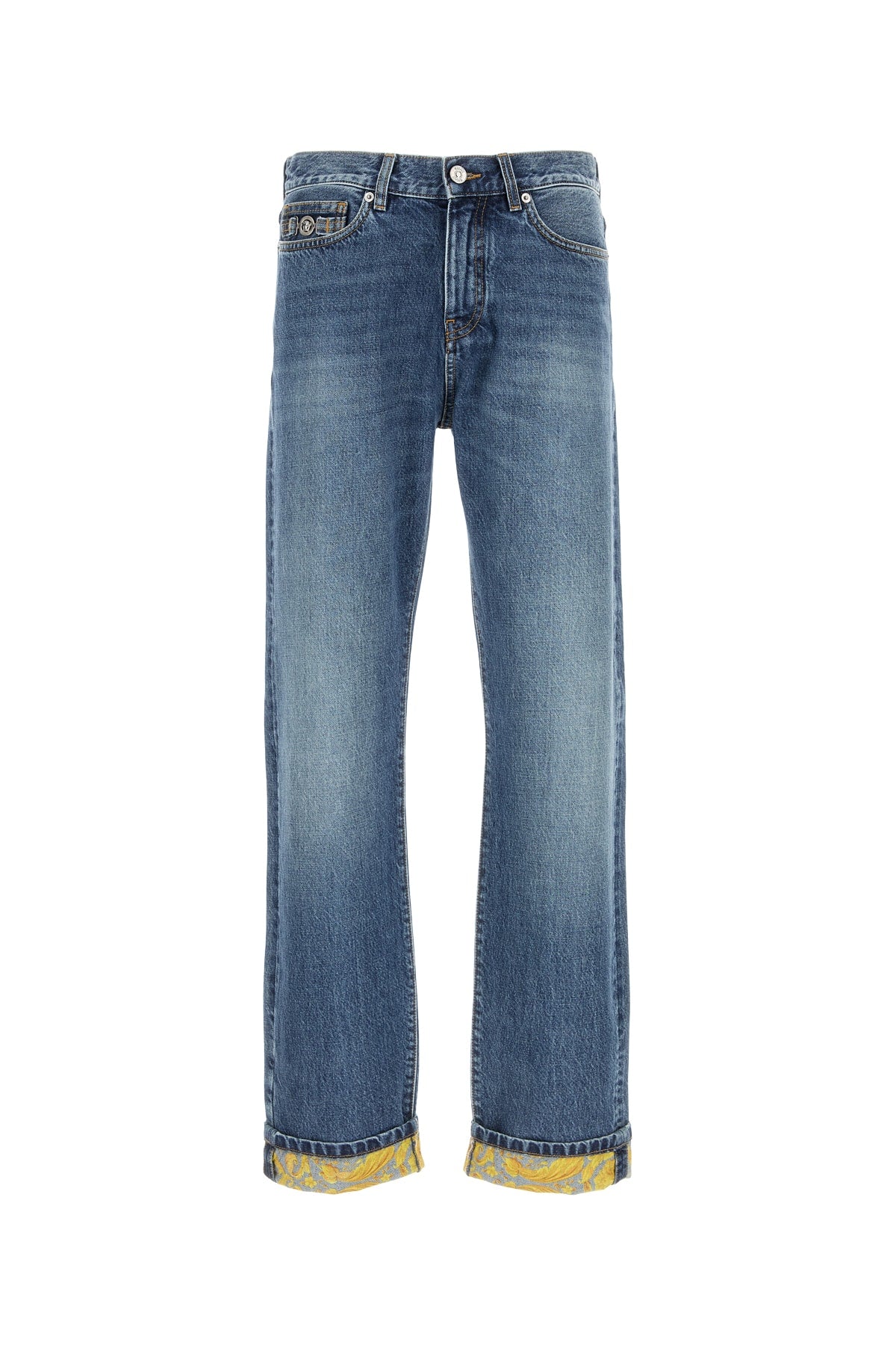 VERSACE PANT DENIM STONE WASH BLUE DENIM FABRIC + BAROCCO For Men 1.Outer Fabric:100% CottonLining 1:35% Cotton, 65% PolyesterTrim:100% Calf leather