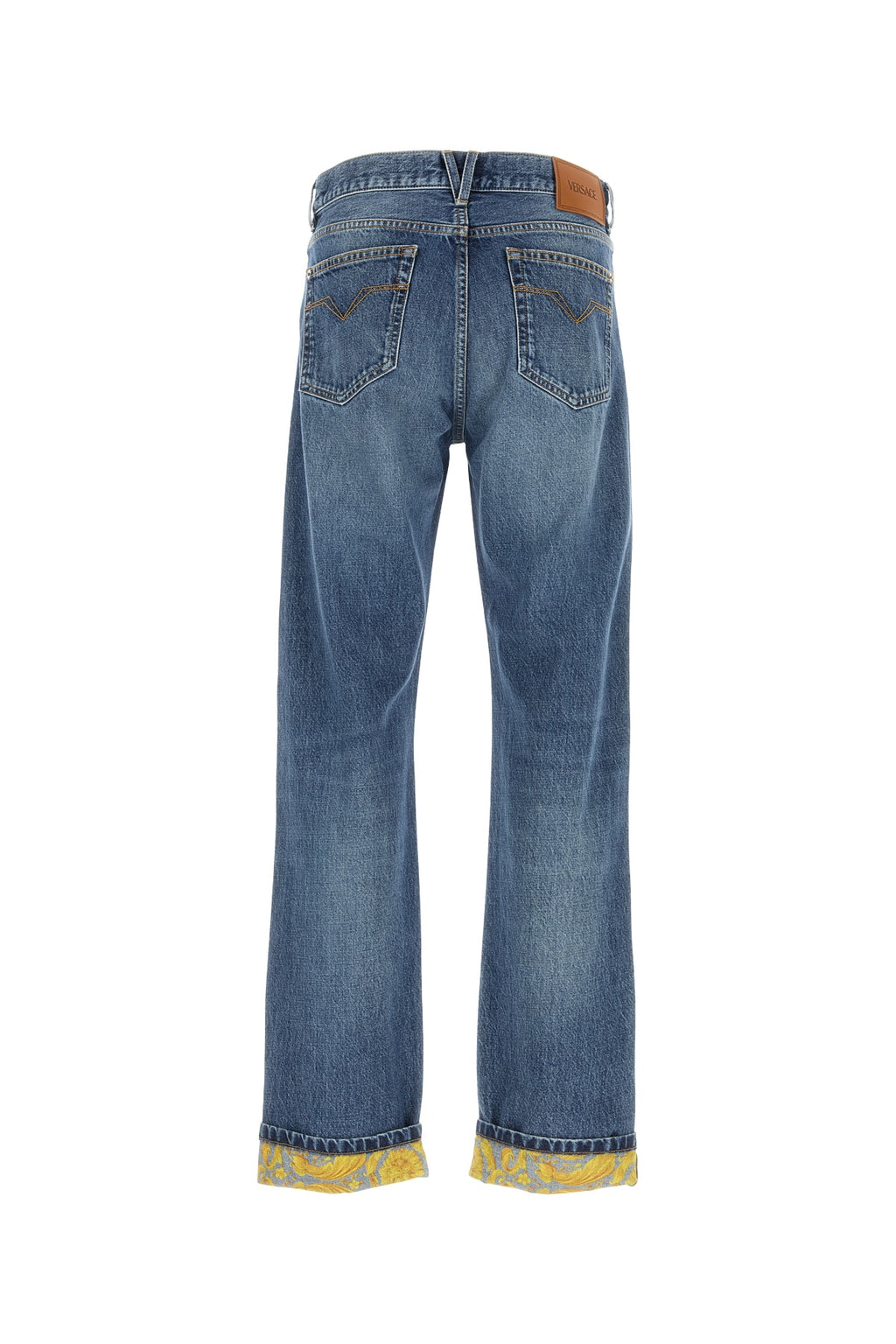 VERSACE PANT DENIM STONE WASH BLUE DENIM FABRIC + BAROCCO For Men 1.Outer Fabric:100% CottonLining 1:35% Cotton, 65% PolyesterTrim:100% Calf leather