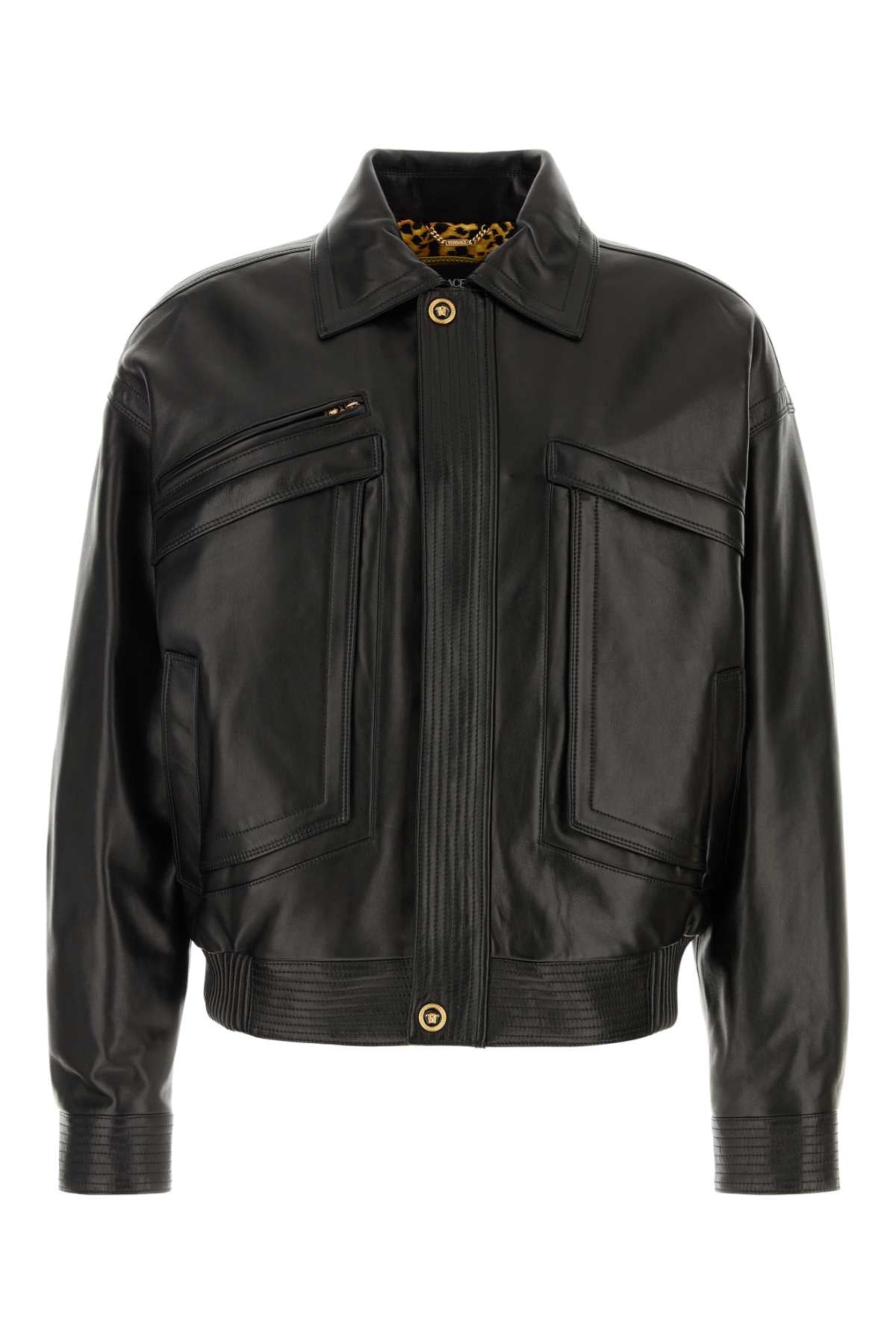 VERSACE BLOUSON LEATHER SHINY PLONGE' LEATHER For Men 1.Outer Fabric:100% Lamb Skin2.Lining:100% CuproLining 1:100% PolyesterLining 3:100% CottonPadding:100% Polyester