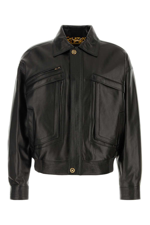 VERSACE BLOUSON LEATHER SHINY PLONGE' LEATHER For Men 1.Outer Fabric:100% Lamb Skin2.Lining:100% CuproLining 1:100% PolyesterLining 3:100% CottonPadding:100% Polyester