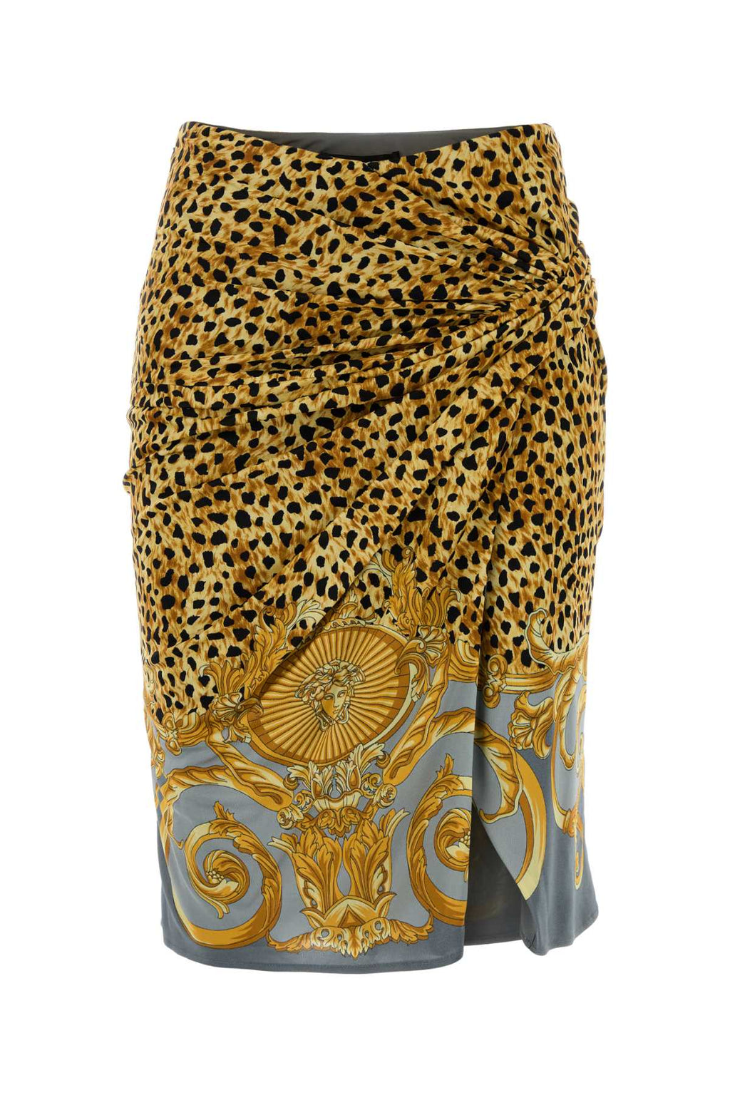 VERSACE SKIRT CHEETAH FOULARD ON RESPONSIBLE HEAVY VISCOSE For Women Exterior: 100% Viscose Lining: 100% Viscose
