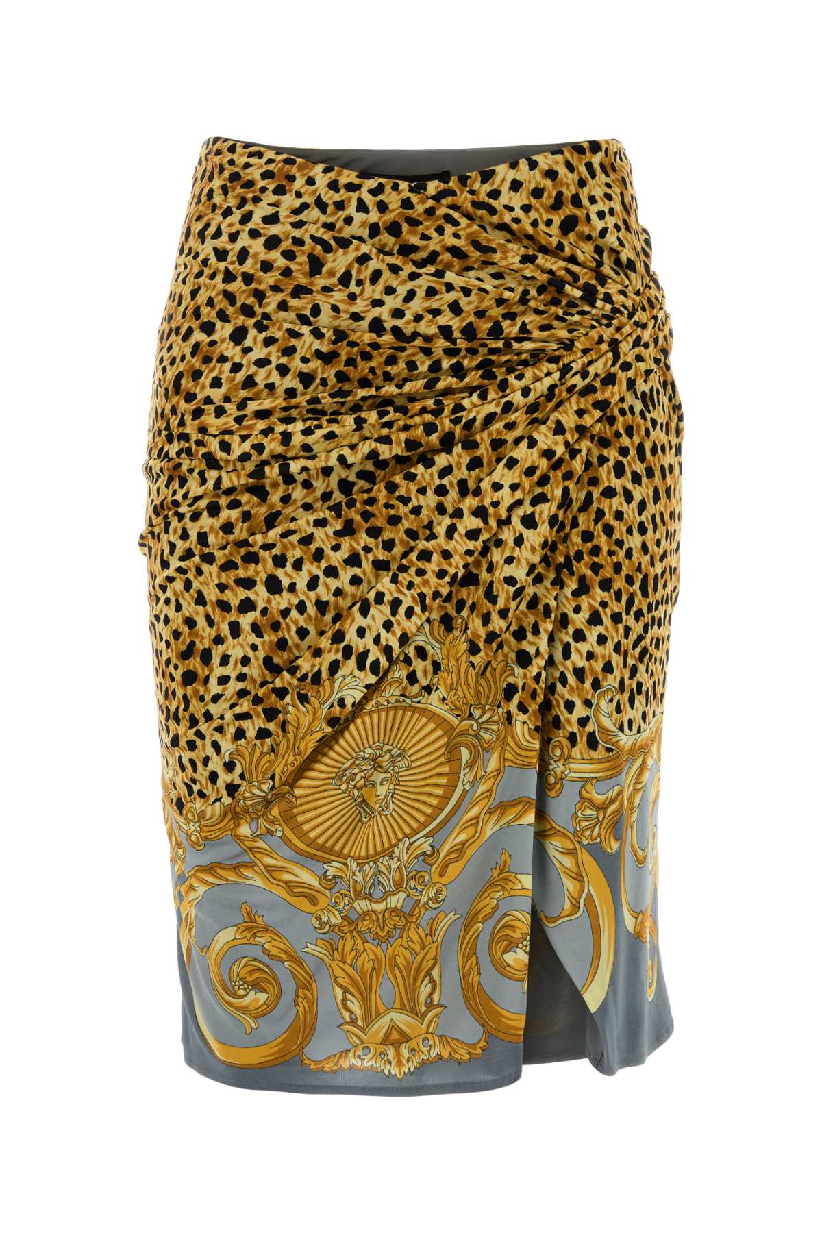 VERSACE SKIRT CHEETAH FOULARD ON RESPONSIBLE HEAVY VISCOSE For Women Exterior: 100% Viscose Lining: 100% Viscose