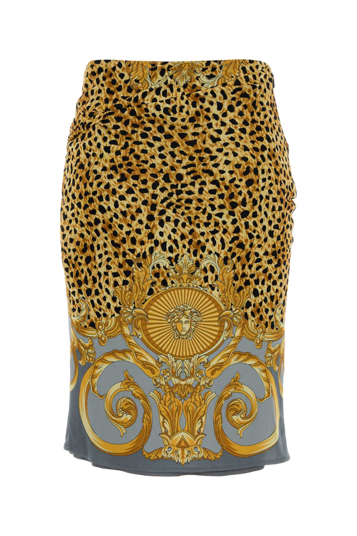 VERSACE SKIRT CHEETAH FOULARD ON RESPONSIBLE HEAVY VISCOSE For Women Exterior: 100% Viscose Lining: 100% Viscose