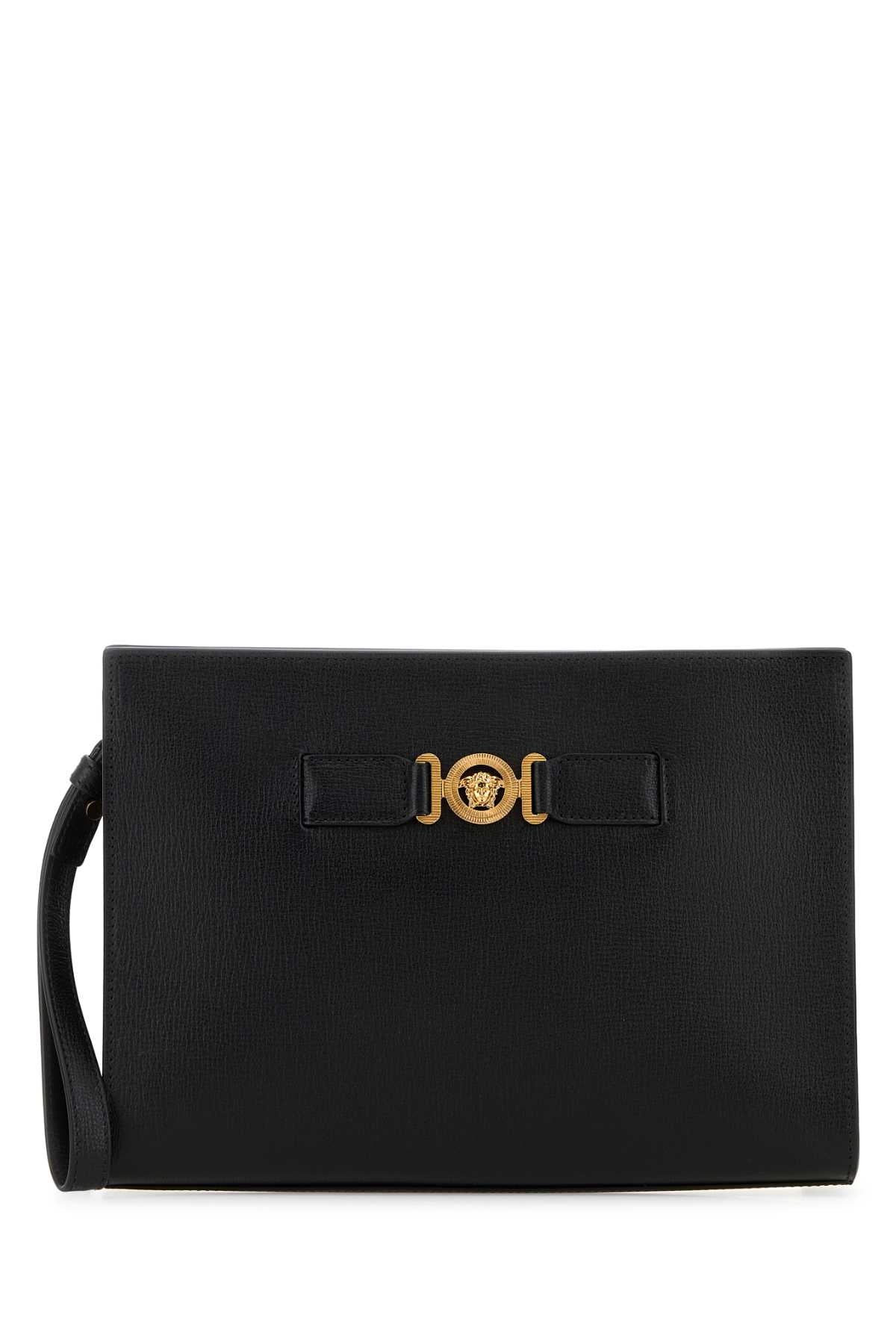 VERSACE POUCH WITH GUSSET GOAT LEATHER For Men Exterior: 100% Calf Lining: 100% Fabric Finishing: Golden metal