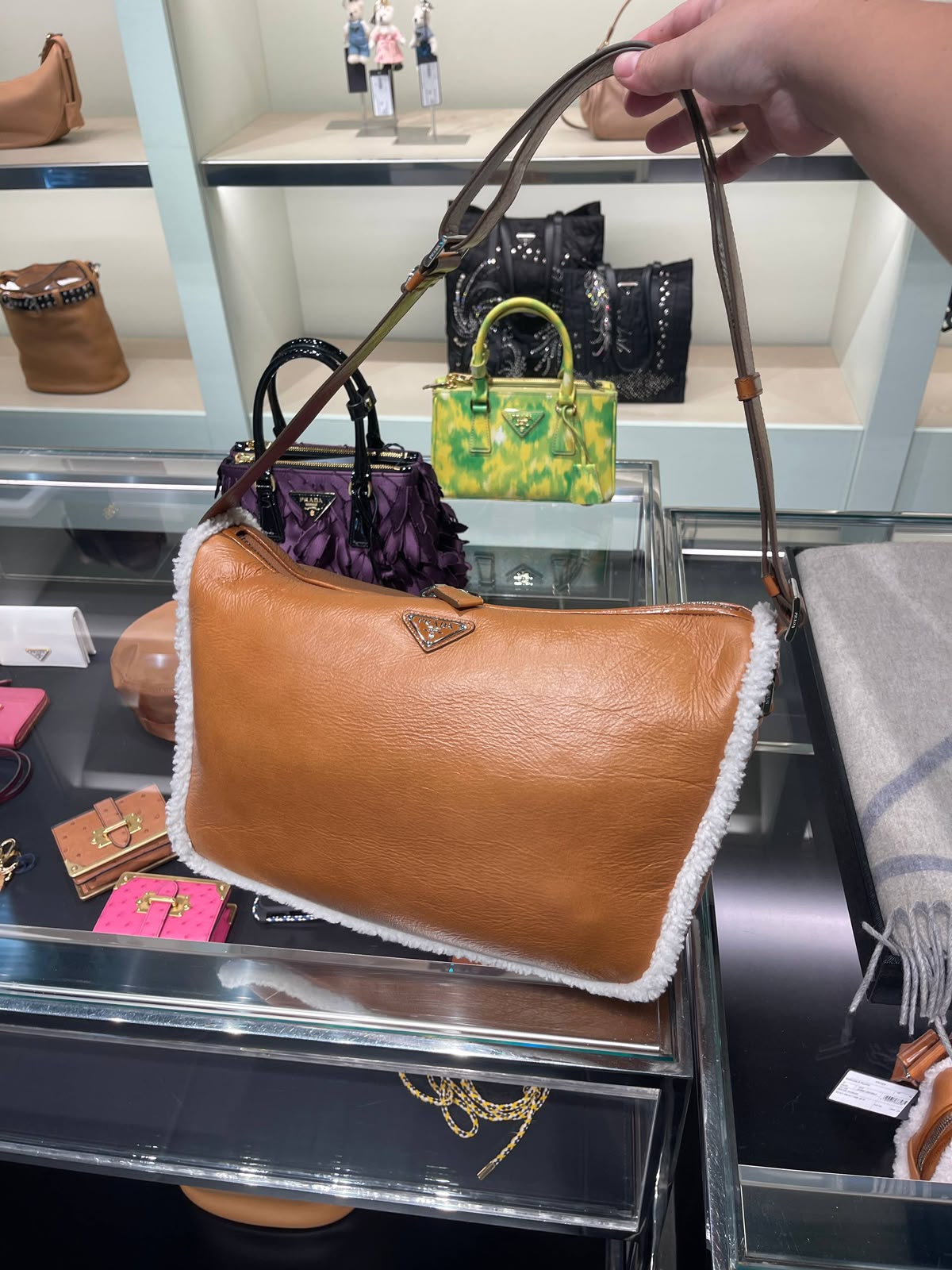 Shearling-Trimmed Leather Shoulder Bag