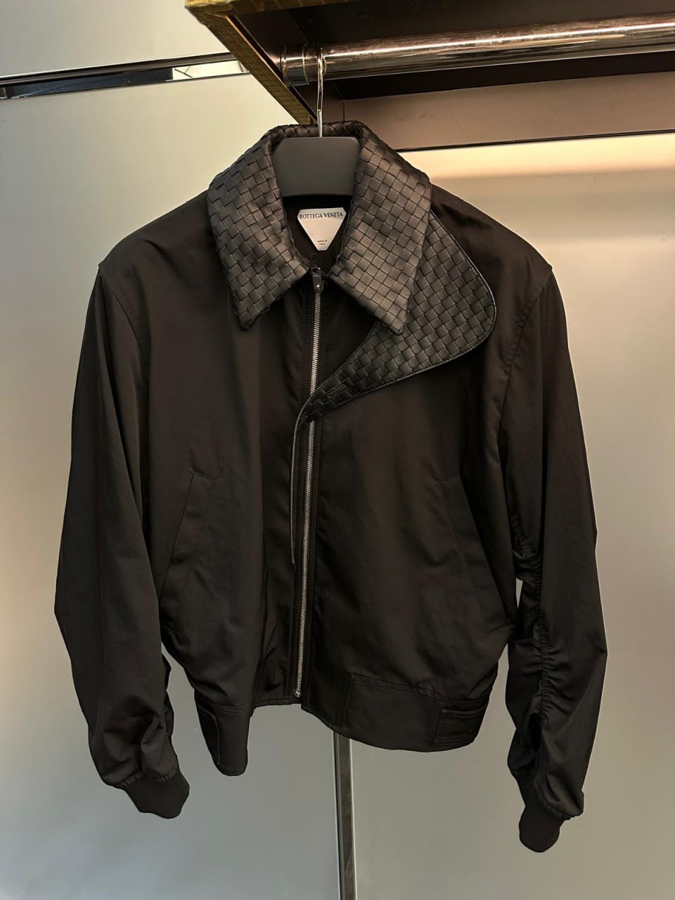 Intrecciato Leather-Collar Bomber Jacket