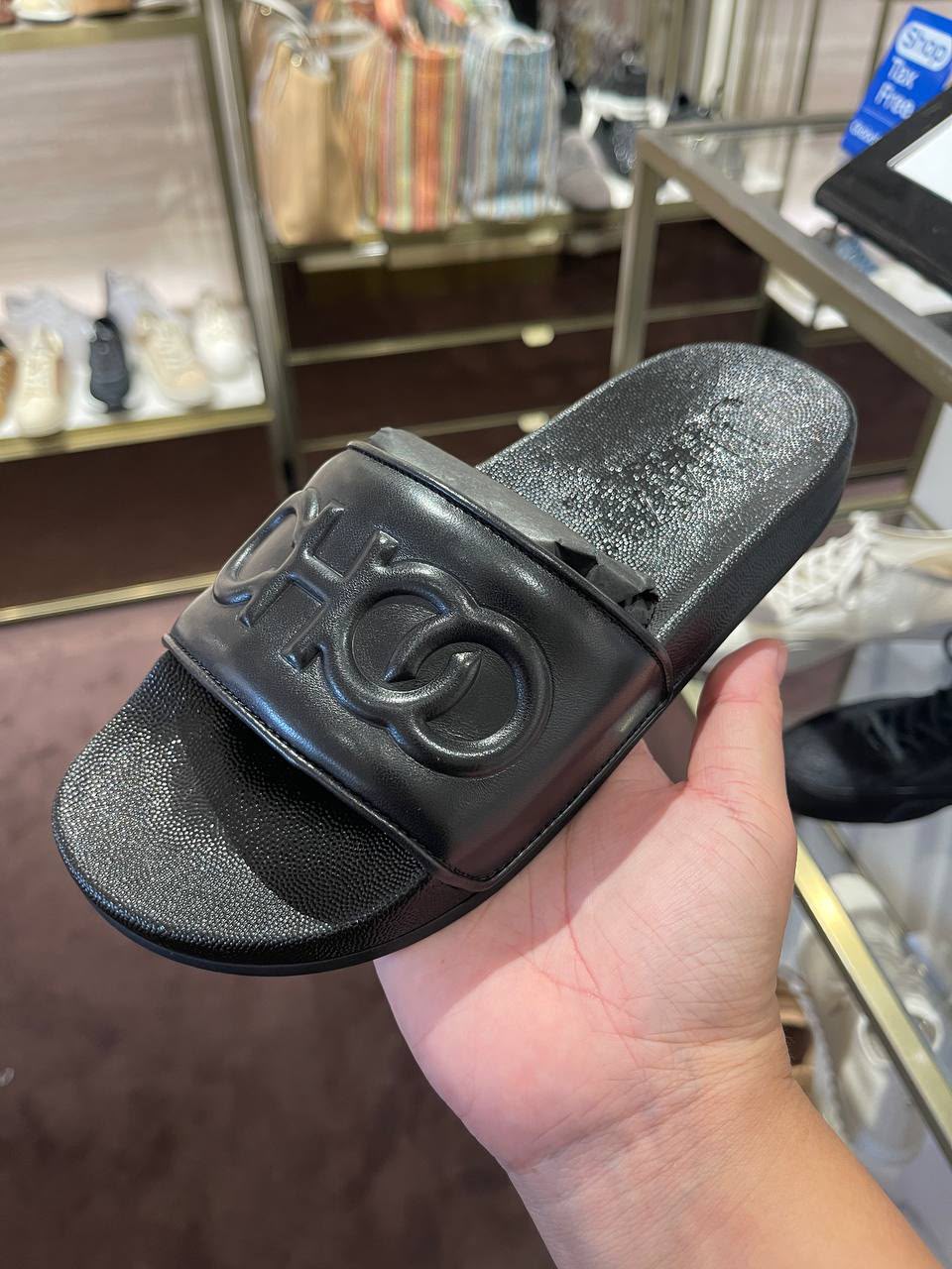 'CHOO' Logo Slide Sandals
