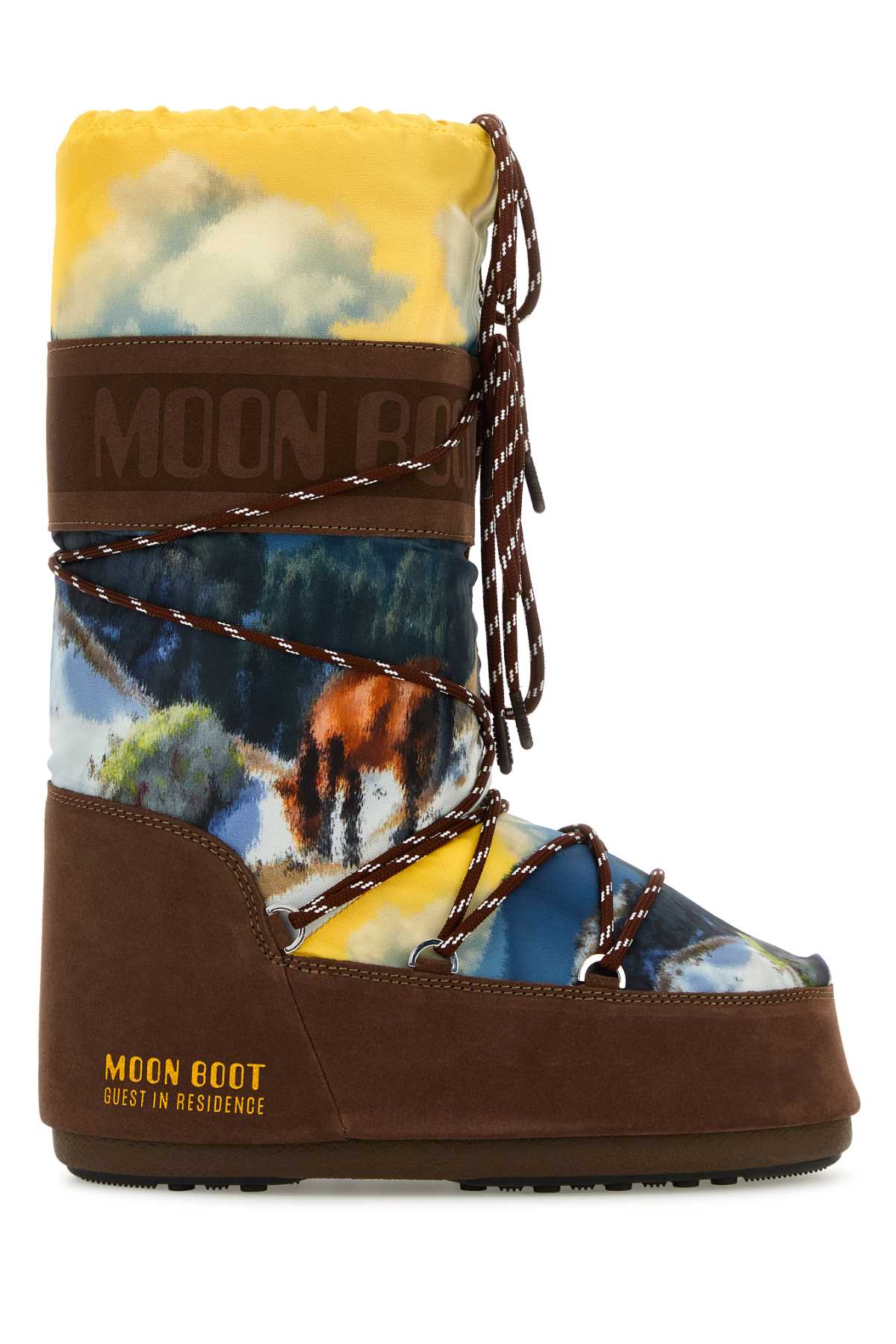MOON BOOT MB X GIR ICON HIGH POSTCARD COCOA For Women Exterior: 100% Fabric 100% Suede Interior: 100% Fabric Sole: Rubber