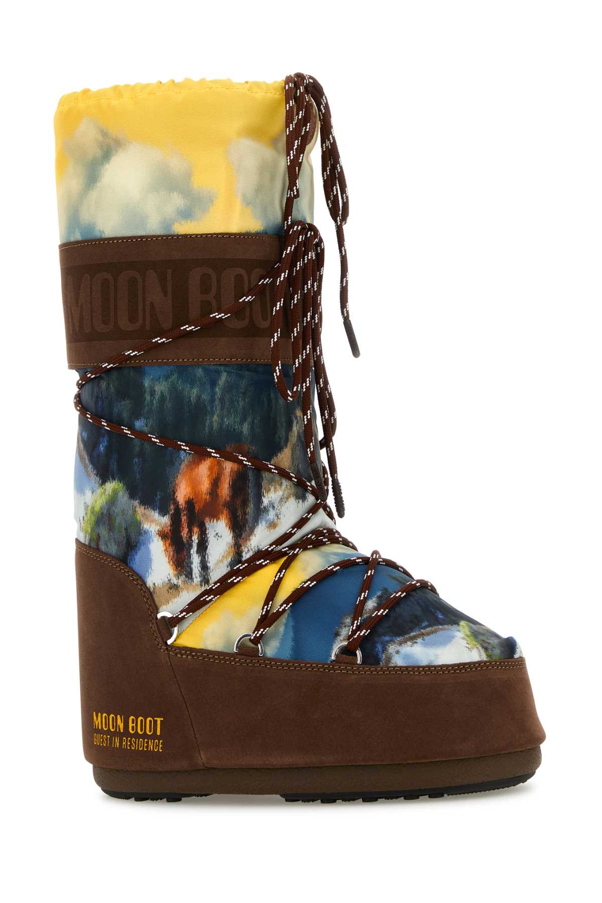 MOON BOOT MB X GIR ICON HIGH POSTCARD COCOA For Women Exterior: 100% Fabric 100% Suede Interior: 100% Fabric Sole: Rubber