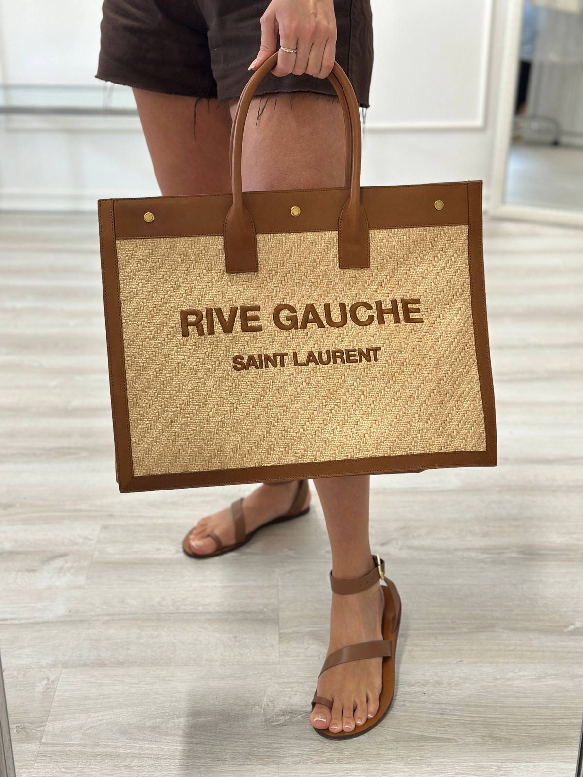 Rive Gauche Tote Bag in Raffia and Leather