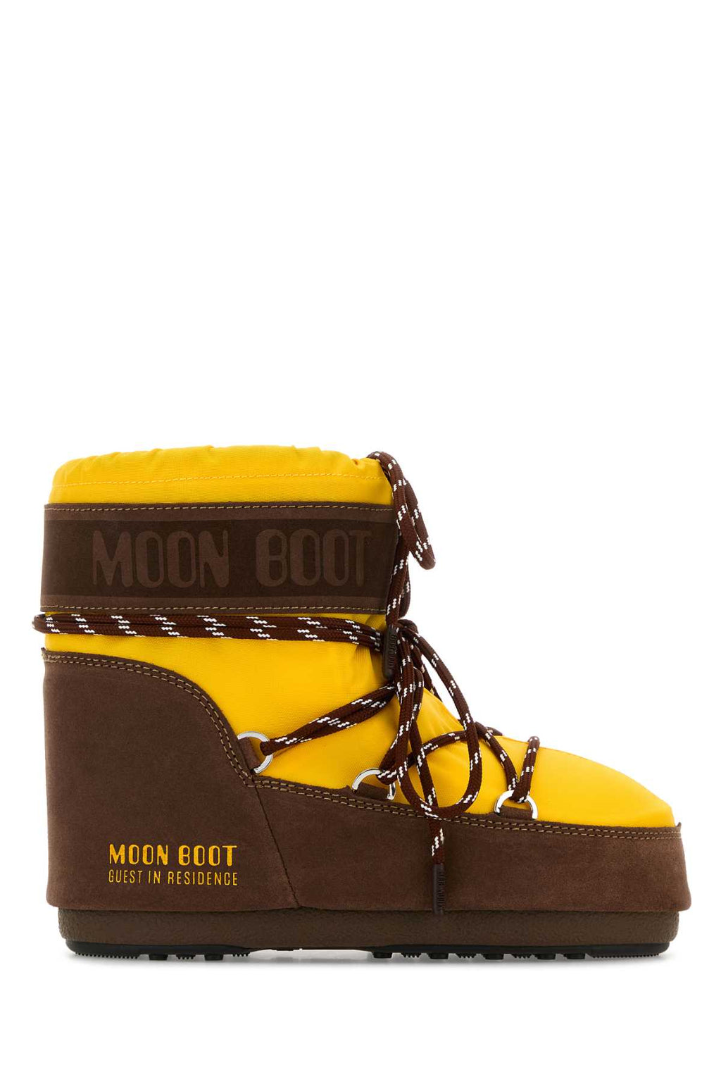MOON BOOT MB X GIR ICON LOW NYLON SUNFLOWER/COCOA For Women Exterior: 100% Fabric 100% Suede Interior: 100% Fabric Sole: Rubber