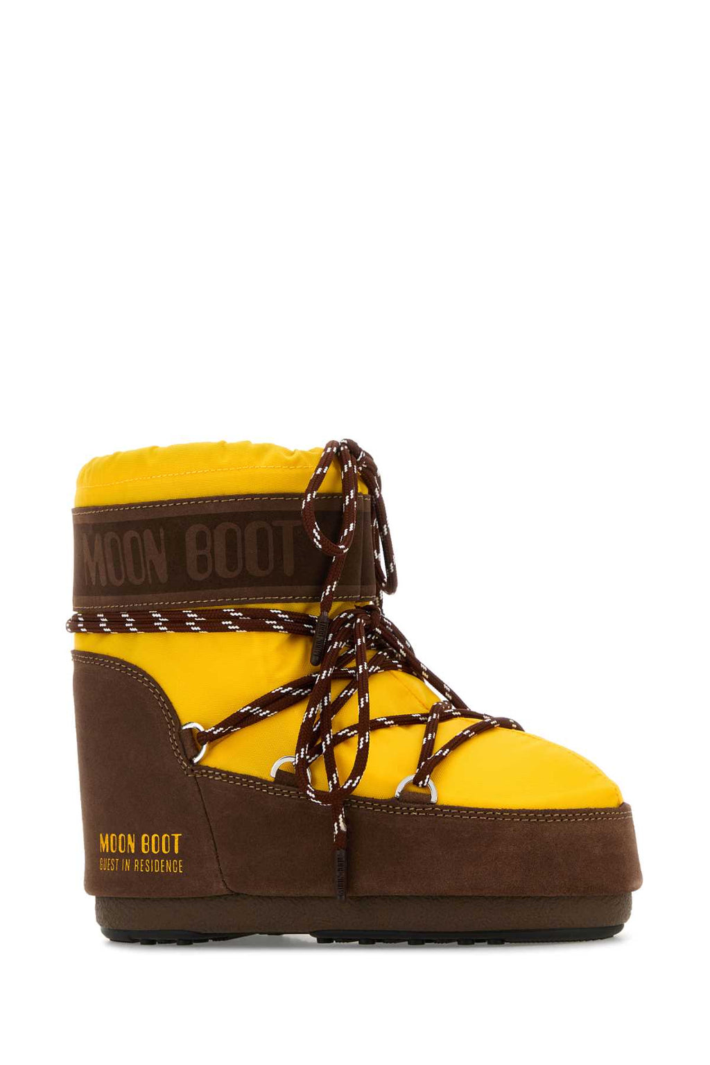 MOON BOOT MB X GIR ICON LOW NYLON SUNFLOWER/COCOA For Women Exterior: 100% Fabric 100% Suede Interior: 100% Fabric Sole: Rubber
