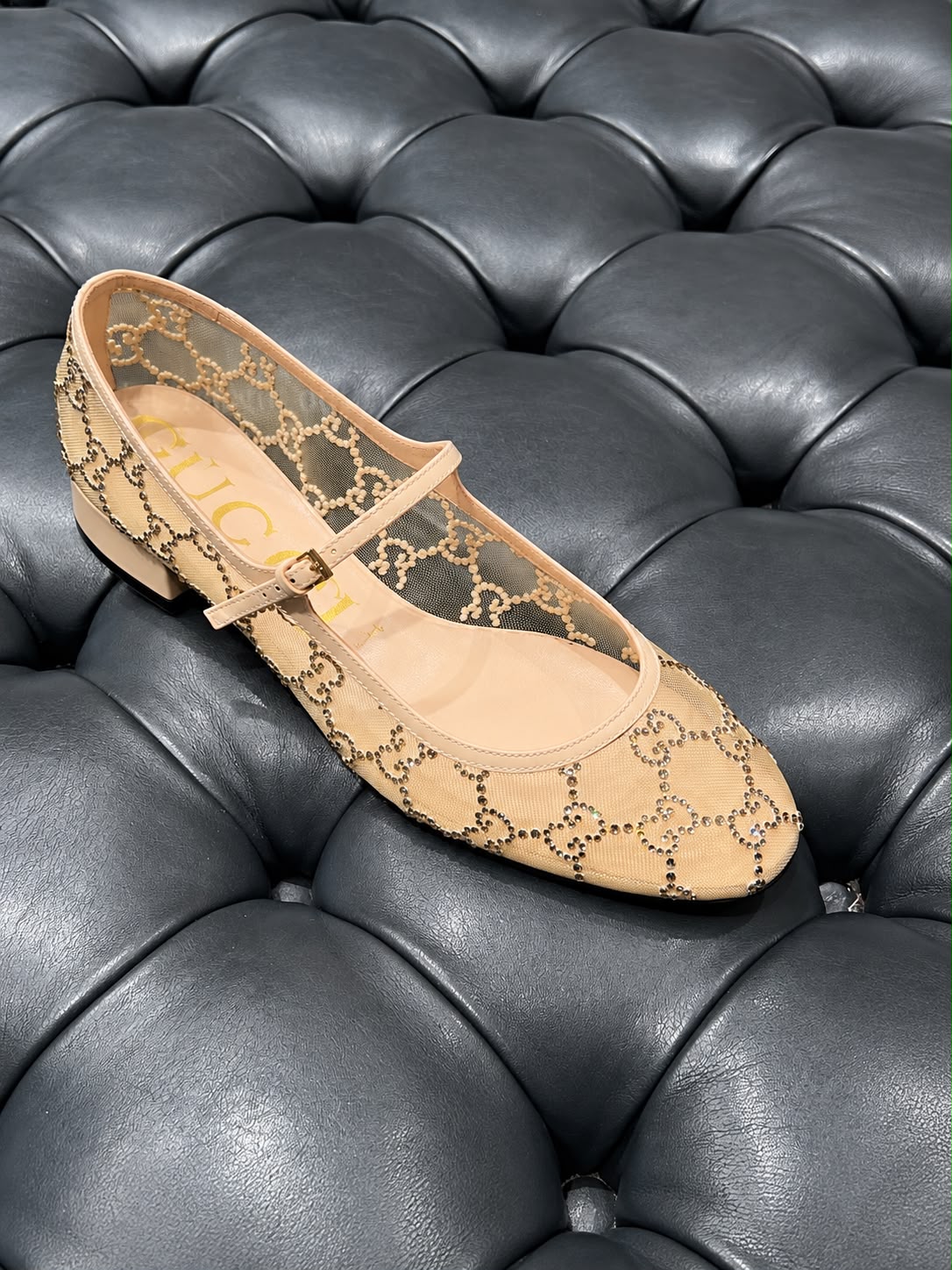 GG crystal-embellished mesh ballet flat