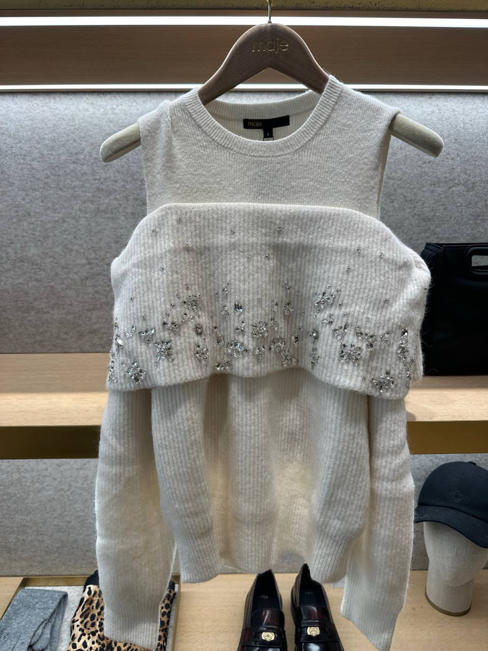 Embellished cold-shoulder knit sweater