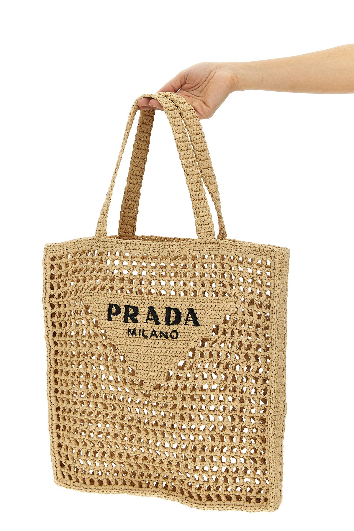 PRADA Logo woven fabric shopping bag For Women 100% RAFFIA