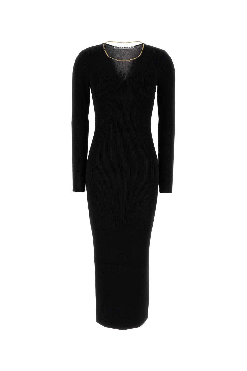 ALEXANDER WANG LS V-NECK MAXI DRESS WITH NAMEPLATE CHAIN