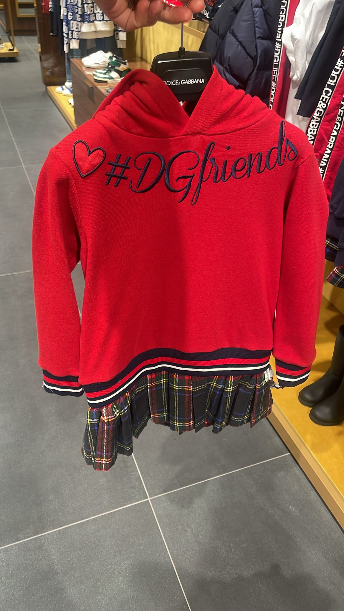 Hooded sweatshirt with tartan skirt insert