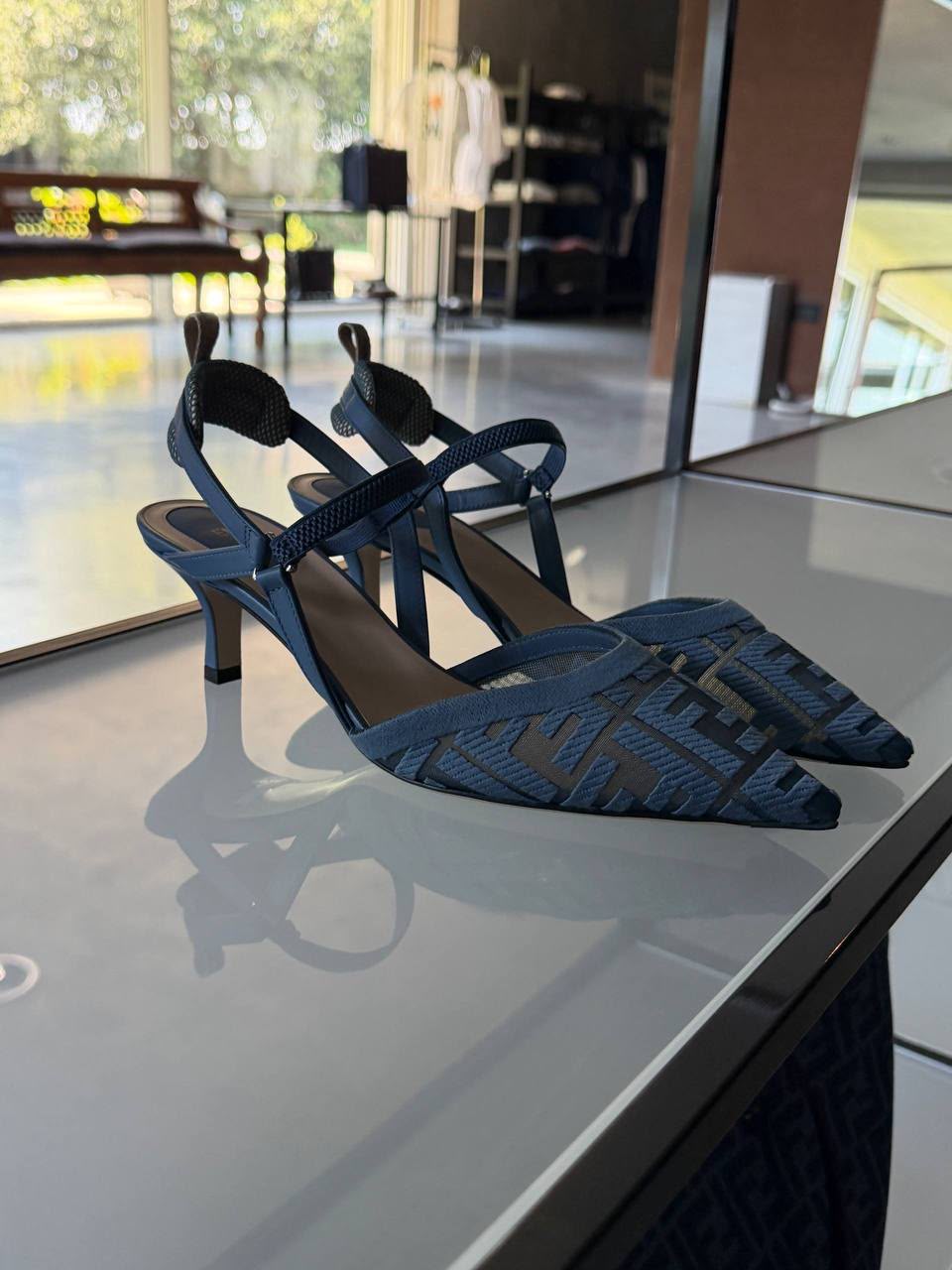 Slingback Pumps in Blue Fabric