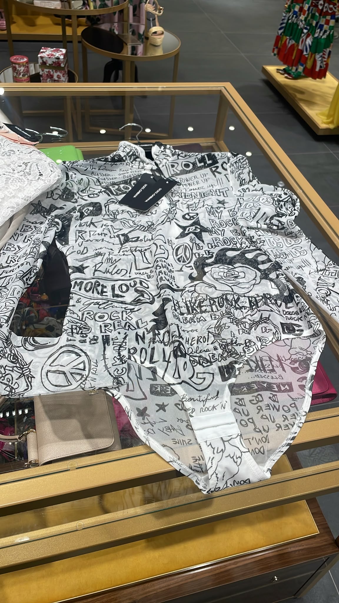 Graffiti Print Tulle Bodysuit