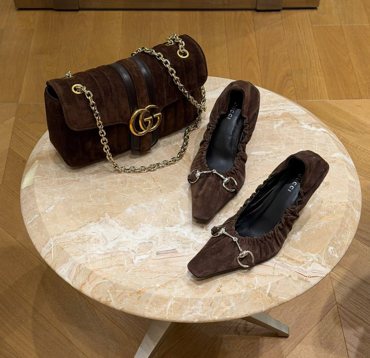 GG Marmont Suede Shoulder Bag and Horsebit Suede Pumps