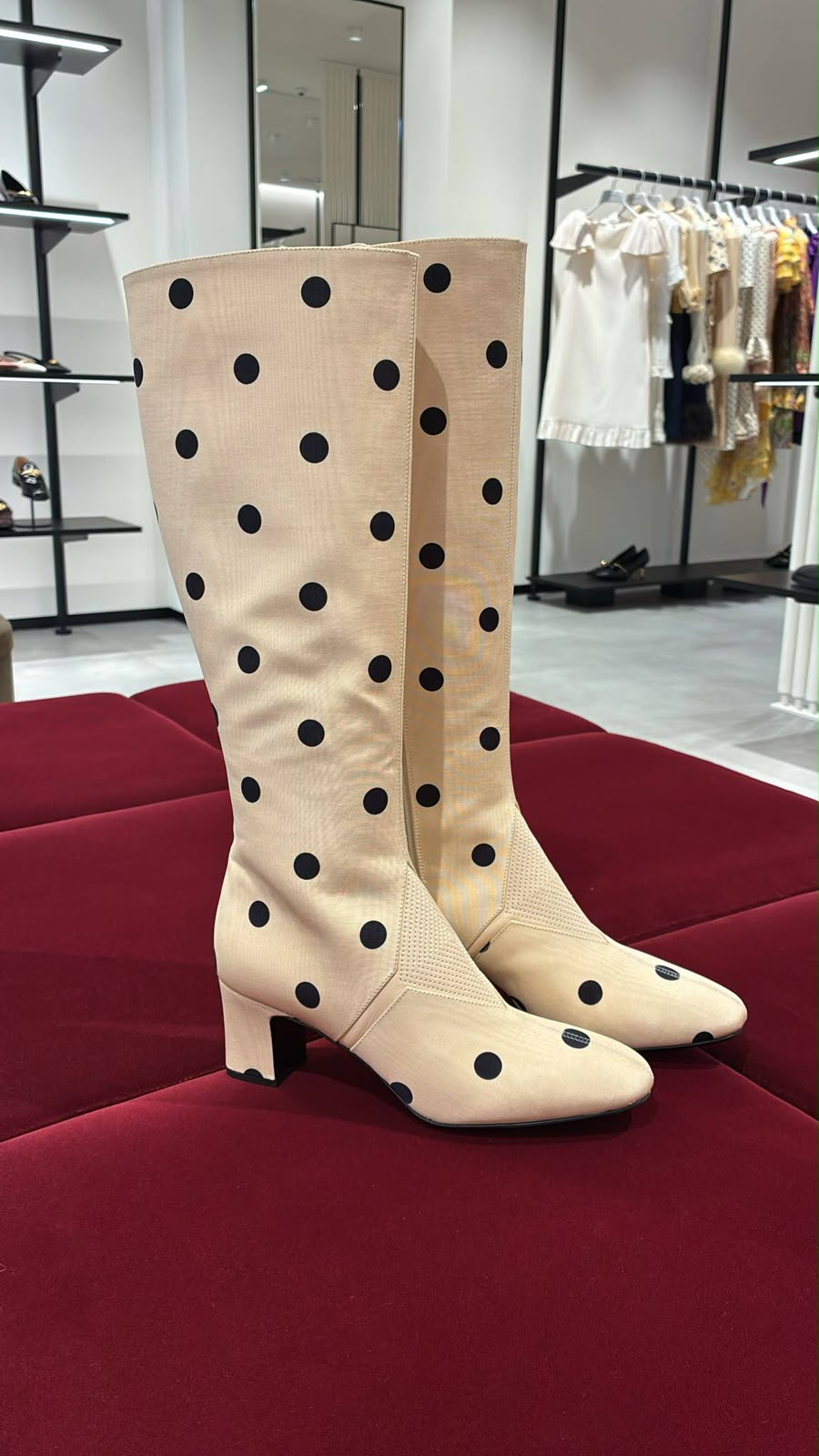 Polka-dot fabric knee-high boots