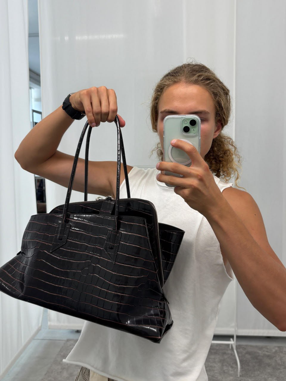 Crocodile-embossed leather tote bag