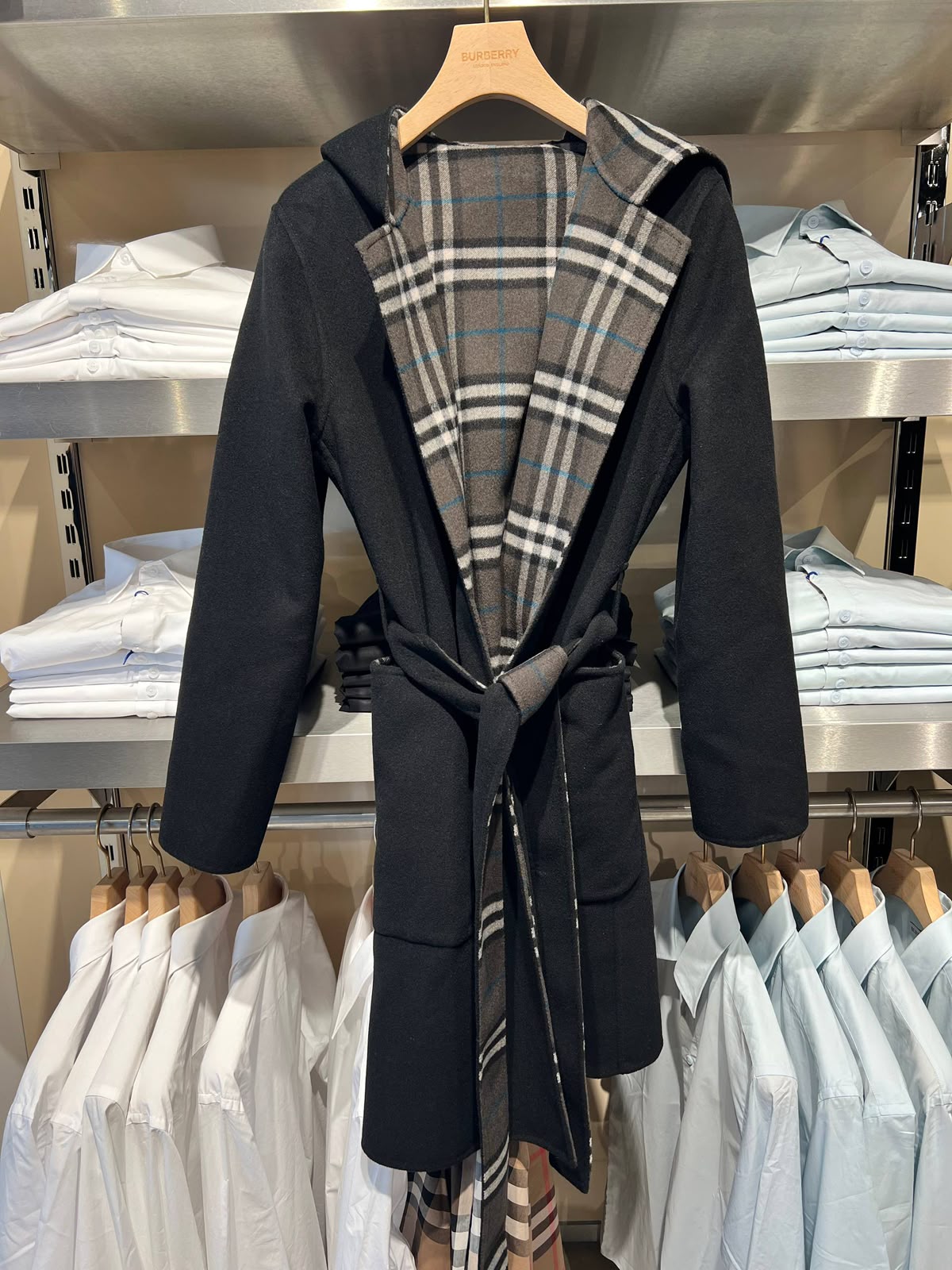 Reversible Check Wool Cashmere Hooded Wrap Coat