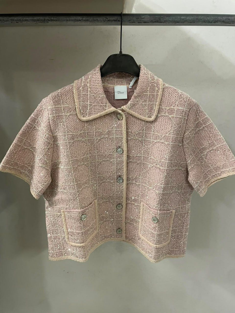 Short-Sleeved Jacket in Pink Cannage Tweed