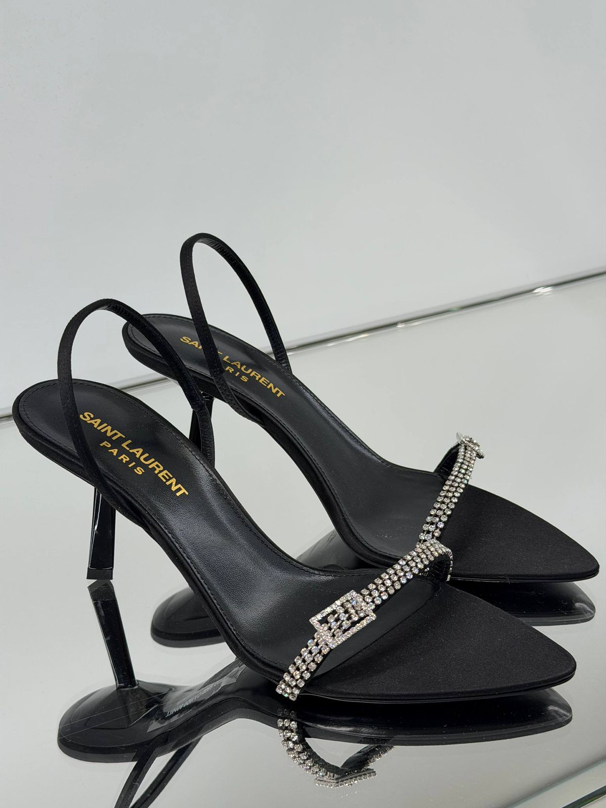 Blade Slingback Pumps in Satin with Rhinestones