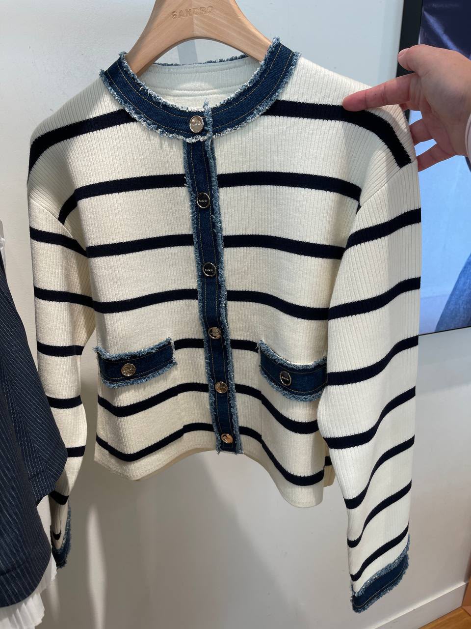 Striped Cardigan with Denim Trim