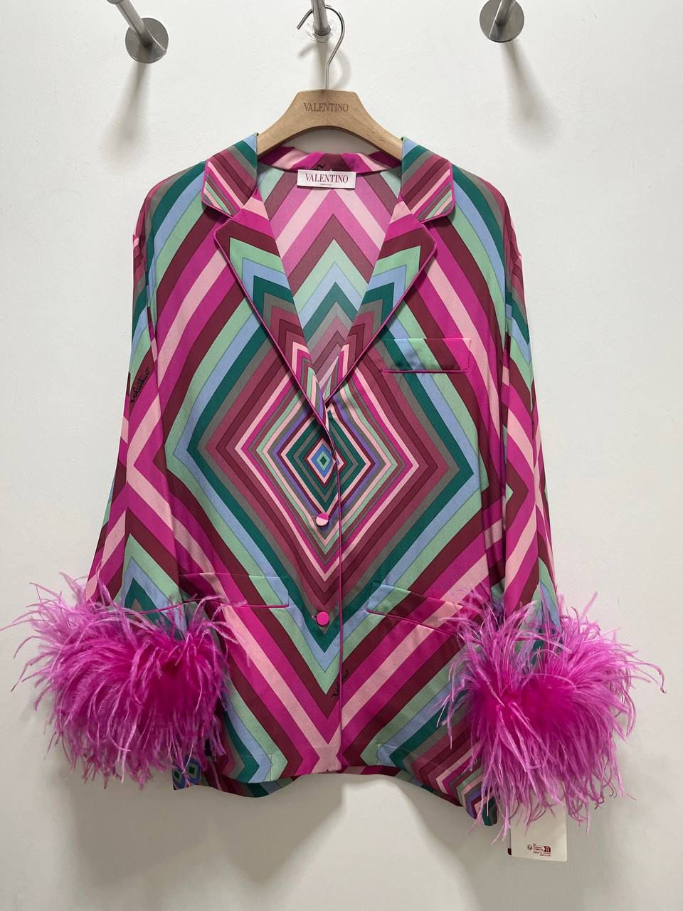 Geometric Print Feather-Trimmed Silk Shirt